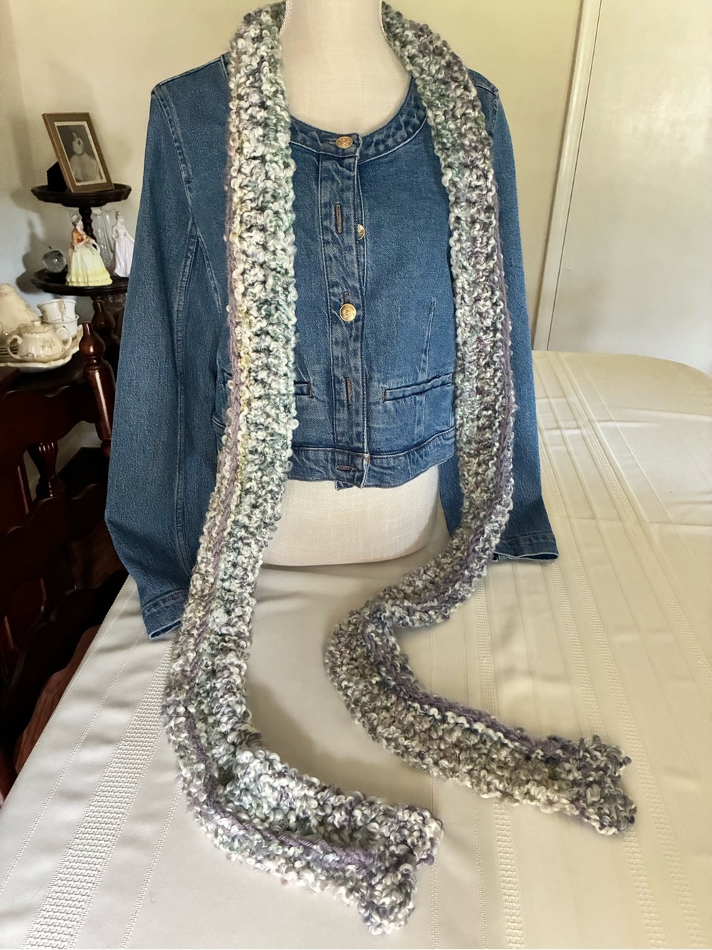 New Handmade Bouclé Scarf in Soft Multi-Color Jewel tone XTRA long